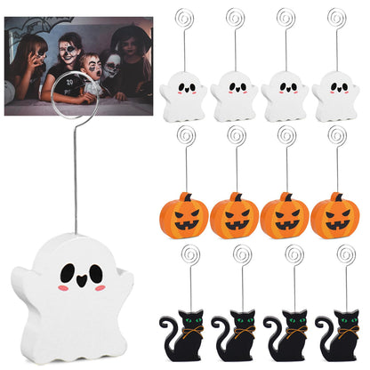 Whaline 12 Pcs Halloween Wooden Place Card Holders Ghost Pumpkin Black Cat Table Number Holder Display Stand for Party Home Office Table Setting Supplies