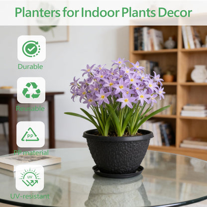 Nooulap 4 Pack 8 inch Plant Pots for Outdoor Indoor, Durable Flower Pots with Drainage, Indoor Outdoor Planters for Herbs Flowers (Black Pebbles Design)