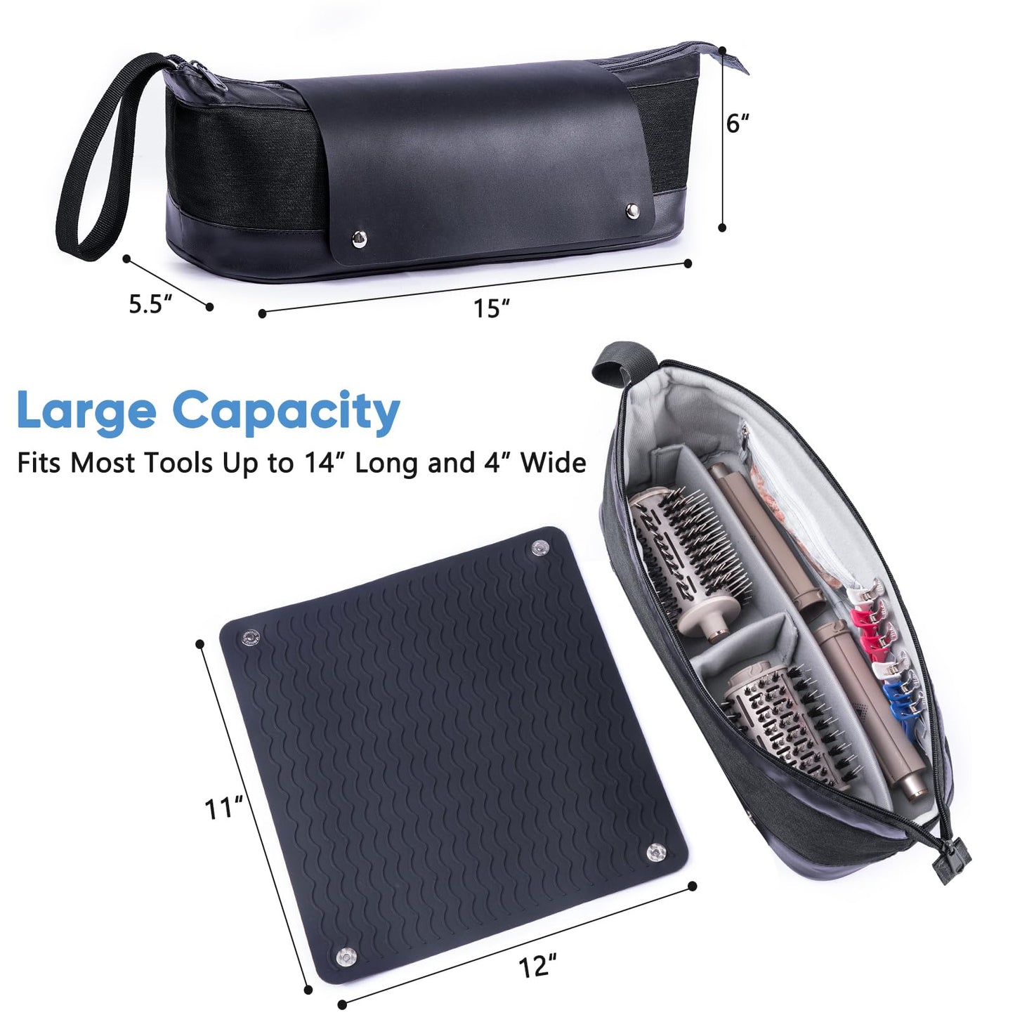 Large Hair Tools Travel Bag with Iron Mat - 2in1 Hair Tools Organizer for Hair Dryer Brush, Flat Irons, Straighteners, Curling Irons, Hair Bag, Makeup Bag, Cosmetic Bag for Travel Essentials