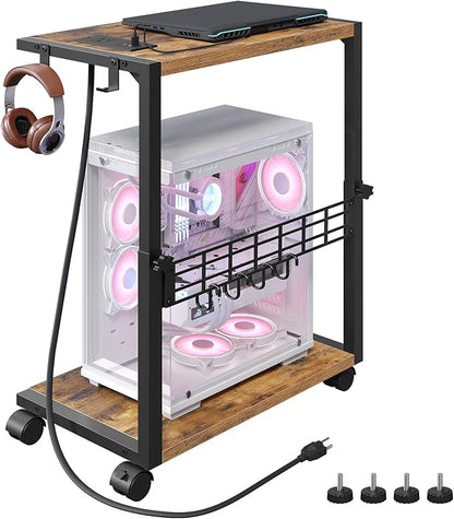 PC Stand with Charging Station, Height Adjustable Computer Tower Stand, 19.7"-31.5" H, Computer Cart with Wheels and Hooks, CPU Holder for Floor, Carpet and Under Desk, Rustic Brown
