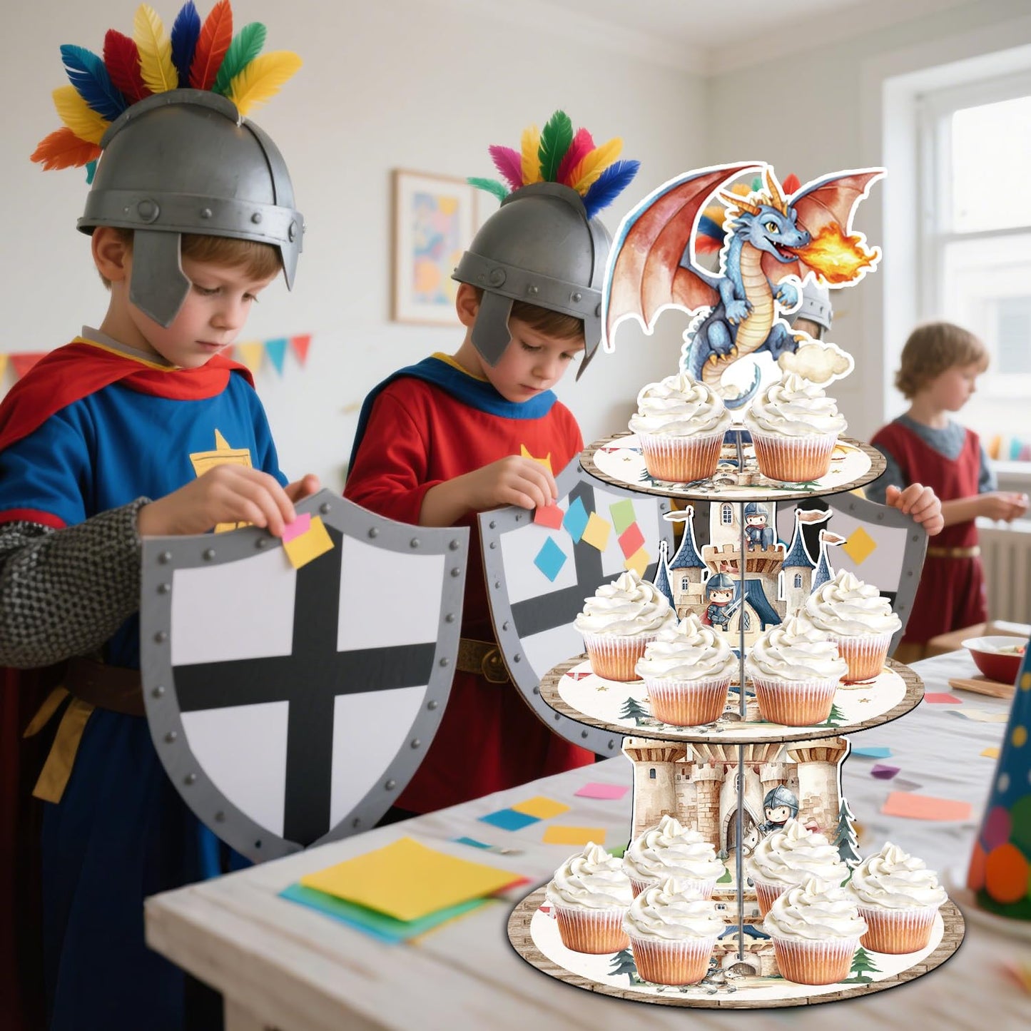 Keluna Medieval Dragon Party Decorations - 3 Tier Cupcake Stand Dragon Birthday Party Decorations Dessert Stands Holders