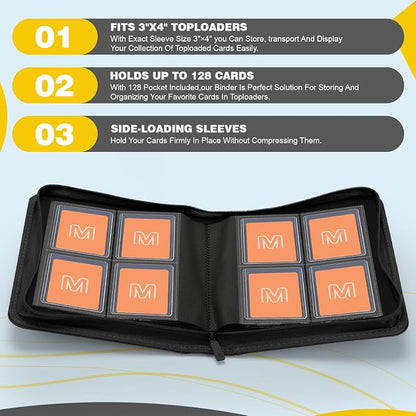 Toploader Binder,4-Pocket Side Load Trading Card Album, Holds 128 Cards with Double-Sided Pockets for MTG, Sports Cards, Top Loader Storage