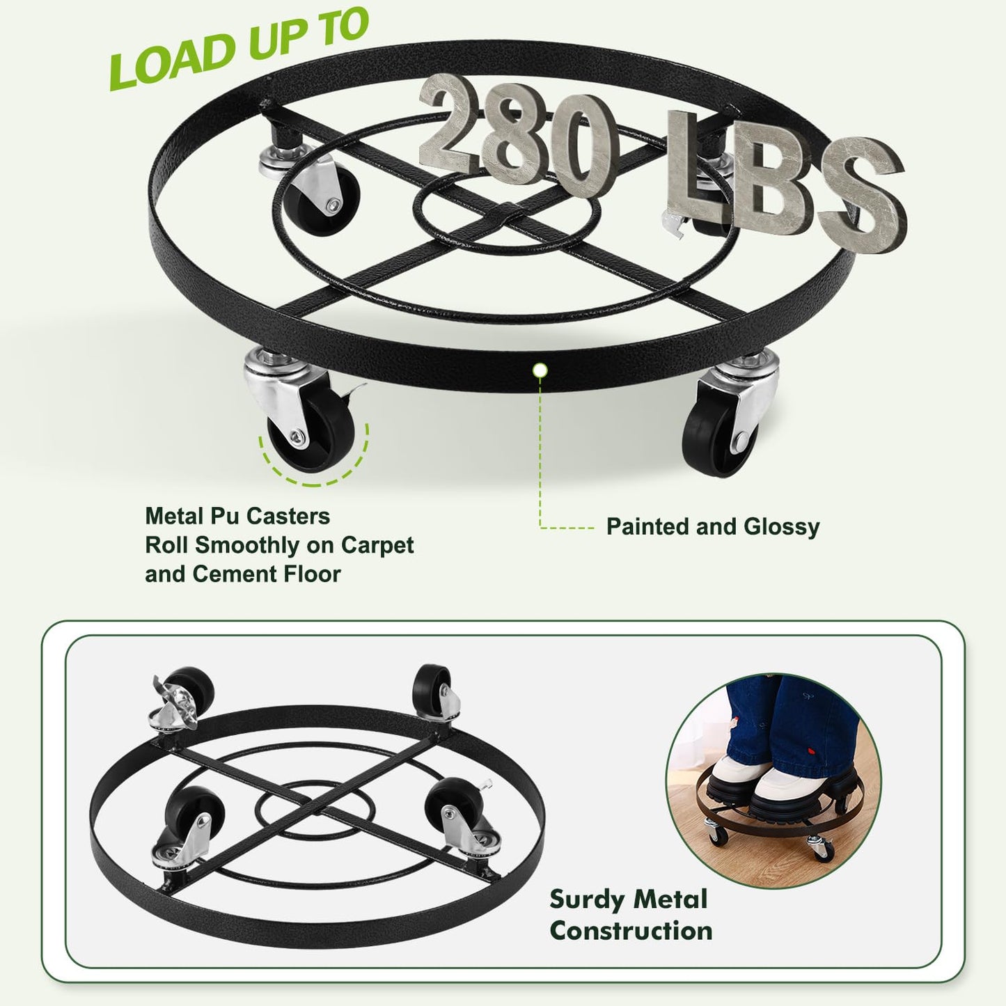 3 Packs Large Metal Plant Caddy 12.6” Plant Dolly with Wheels Heavy-duty Wrought Iron Rolling Wheeled Plant Stand with Casters for Indoor and Outdoor Plant Pot Rollers, 12" Clear Plant Saucers Included