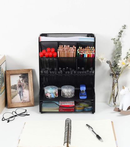 PAG Desk Organizer with Drawer Office Supplies and Accessories Storage Caddy Hanging Wall Shelf Metal Mesh Pencil Holder for Kids, 9 Compartments, Black