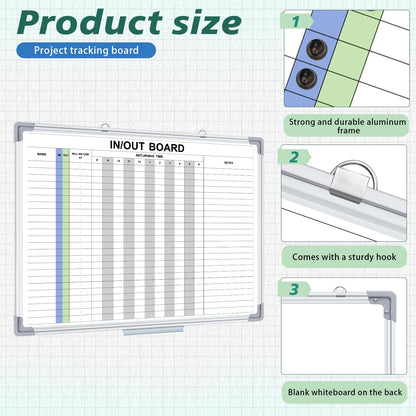 Lincia in and Out Magnetic Dry-Erase Board 18 x 24 Aluminum Framed White Board with Lines 24 Names with Magnetic Dry-Erase Marker, Eraser, and 26 Magnets Wall-Mounted for Office Employee