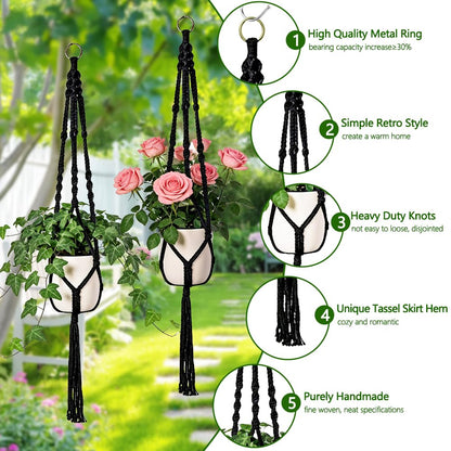 Jaxbo Macrame Plant Hangers 2 Pack Indoor Outdoor Hanging Planter Basket Handmade Rope Hanging Plant Holder for Indoor Outdoor Boho Home Decor 41 Inch, Black