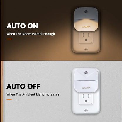 LuxLumin LED Night Light Plug into Wall with Smart Dusk to Dawn Sensor, Automatically Turn on and Off,Night Light for Kids,Bedroom,Bathroom,Stairs,Warm White, 4 Packs