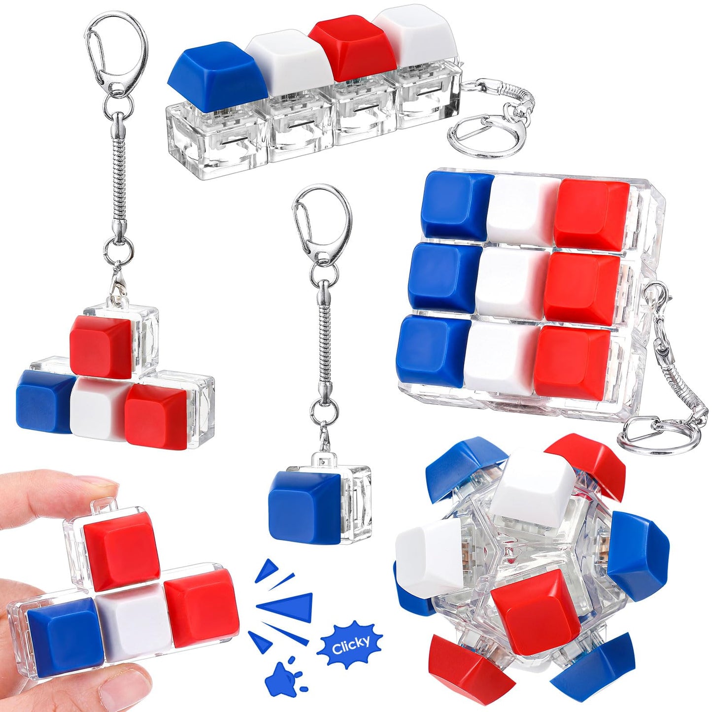 Halloscume 5 Pcs 4th of July Keyboard Fidget Clicker Keychain in 5 Styles Red White Blue Cube Mechanical Key Button Clicker Stress Relief Gift for Memorial Day 250th Anniversary Office Home