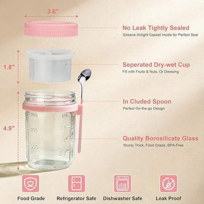 6 Pack Overnight Oats Containers with Lids and Spoon - 16 oz Glass Mason Jars with Separate Compartments Leakproof Chia Pudding Salad Yogurt Parfait Cups for Oatmeal Cereal Meal Prep (Pink)