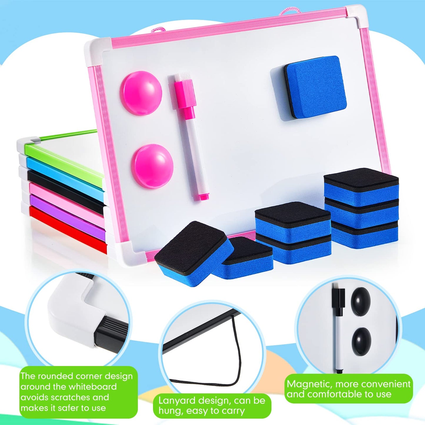 Colarr 12 Pack Hanging Magnetic Dry Erase Board 8'' x 12'' Small Double Sided White Board for Students Teachers Mini Whiteboard Bulk School Supplies Including Markers Magnetic Buttons and Blue Erasers