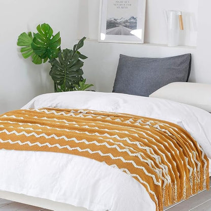 BOURINA Fluffy Chenille Knitted Fringe Throw Blanket Lightweight Soft Cozy for Bed Sofa Chair Throw Blankets, 60" x 80",Mustard