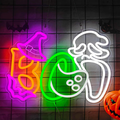 Halloween Boo Neon Sign for Wall Decor Ghost Face Led Sign Animated Looks Like The Ghost Was Eaten Bat Witch Hat Ghost Neon Light Up Sign for Window Bar Horror Halloween Party Man Cave Game Room