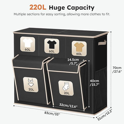 SOLEDI 220L Laundry Hamper 3 Section,Extra Large Laundry Basket with Lid and 2 Side Pockets, Dirty Clothes Hamper with Removable Bag Easy to Carry for Laundry Room, Bedroom, Bathroom, Black