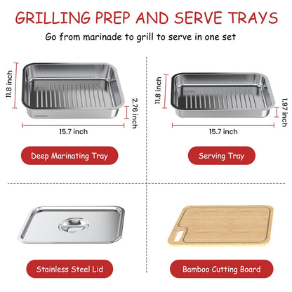 Geesta Grilling Prep and Serve Tays, Stainless Steel Large Capacity Food Prep Tray, Grill Carry System, Marinade Container with Lid and Cutting Board,BBQ Grill Accessories, Grilling Gifts for Men
