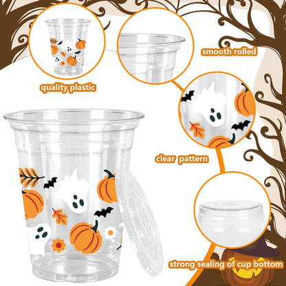 Whaline 50Pcs 12Oz Halloween Plastic Cups with Lids & Straws Pumpkin Ghost Disposable Clear Drinking Cups with Black Ribbon for Birthday Party Supplies