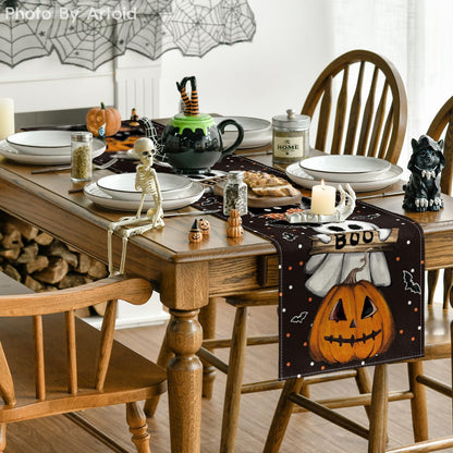 Artoid Mode Polka Dot Ghost Pumpkin Cat Boo Halloween Table Runner, Bat Seasonal Fall Kitchen Dining Table Decoration for Home Party Decor 13x90 Inch