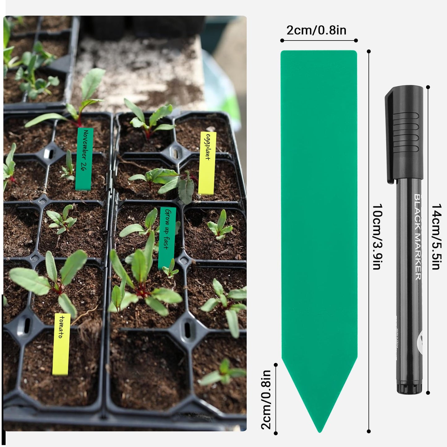 GREANER Window Boxes Planters with 4inch Colorful Plant Label, 3PCS 16x3.8 Inch Black Rectangle Planters Box with Drainage Holes and Trays, Herb Succulents Flowers Plastic Pot for Windowsill, Garden,