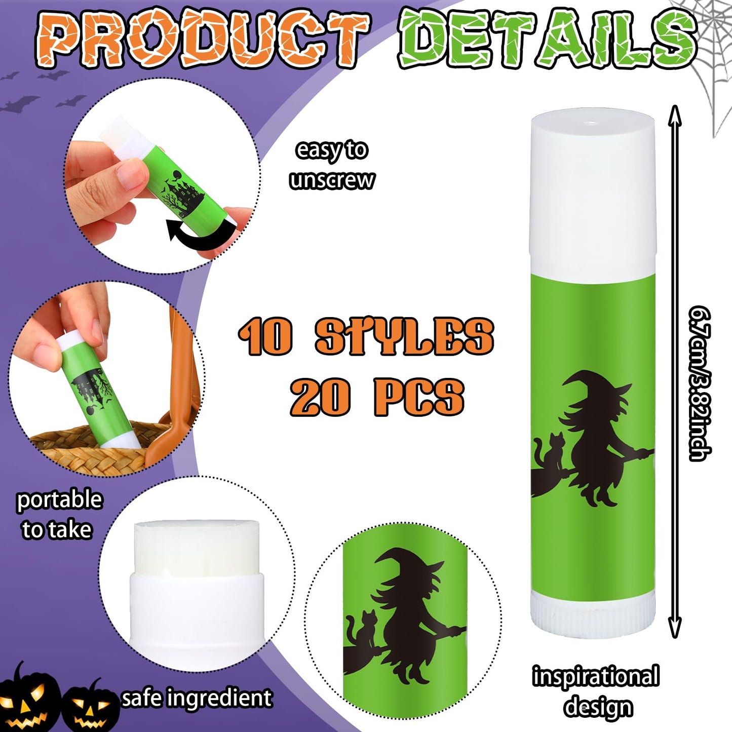 Siifert 20 Pcs Halloween Lip Balm Gifts Bulk Mummy Witch Ghost Black Cat Skull Lip Balm Favors 10 Styles Honey Flavor Spooky Party Supplies Halloween Treat Goodie Bag Stuffers for Adults Women Men