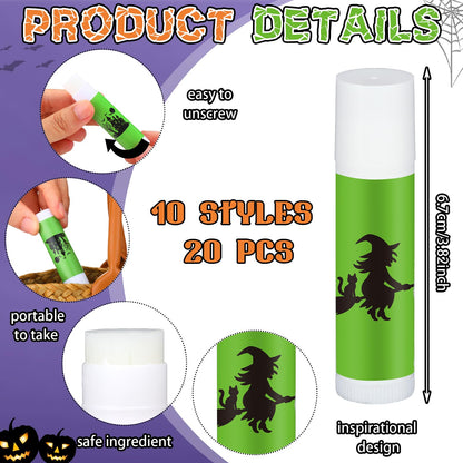 Siifert 20 Pcs Halloween Lip Balm Gifts Bulk Mummy Witch Ghost Black Cat Skull Lip Balm Favors 10 Styles Honey Flavor Spooky Party Supplies Halloween Treat Goodie Bag Stuffers for Adults Women Men