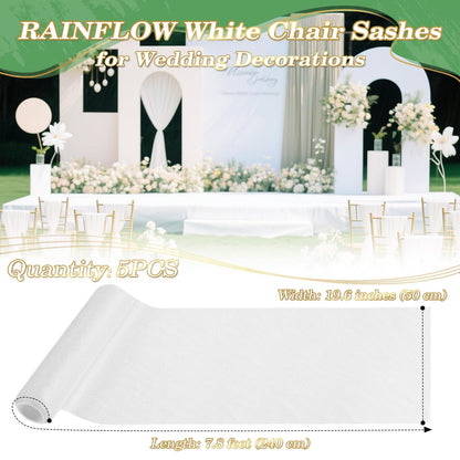 5PCS RAINFLOW White Chair Sashes - Wedding Aisle Decorations Long 19.6IN x 7.8FT Tulle Venue Decoration for Banquet Chair Back Side Bridal Baby Shower Birthday Party