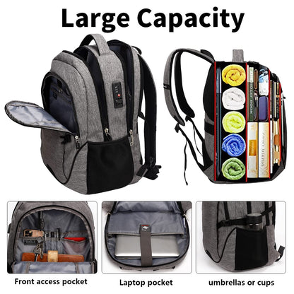 SHRRADOO Anti Theft Laptop Backpack Travel Backpacks with Combination Lock for Women Men College Backpack Computer Bag Fits 17 Inch Laptop,Grey