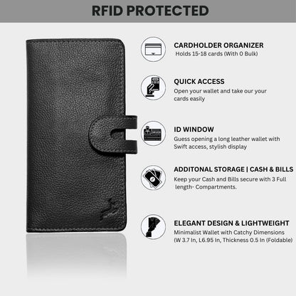 DEERHANDMADE womens wallet (Holds 15-18 Cards, 4 Flat Pockets, 1 ID Windows) Genuine Leather clutch purses for women | Slim long wallets for women | rfid blocking wallet (black wallet)