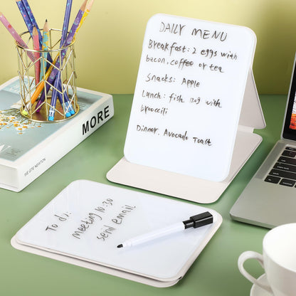 Dunzoom 2 Sets 4 Pcs Small Glass Desktop Whiteboard with Reversable Stand 8x6 Inch Mini Dry Erase White Board Easel with 2 Markers Reusable Desk Notepad for Home Office School Supplies (White)