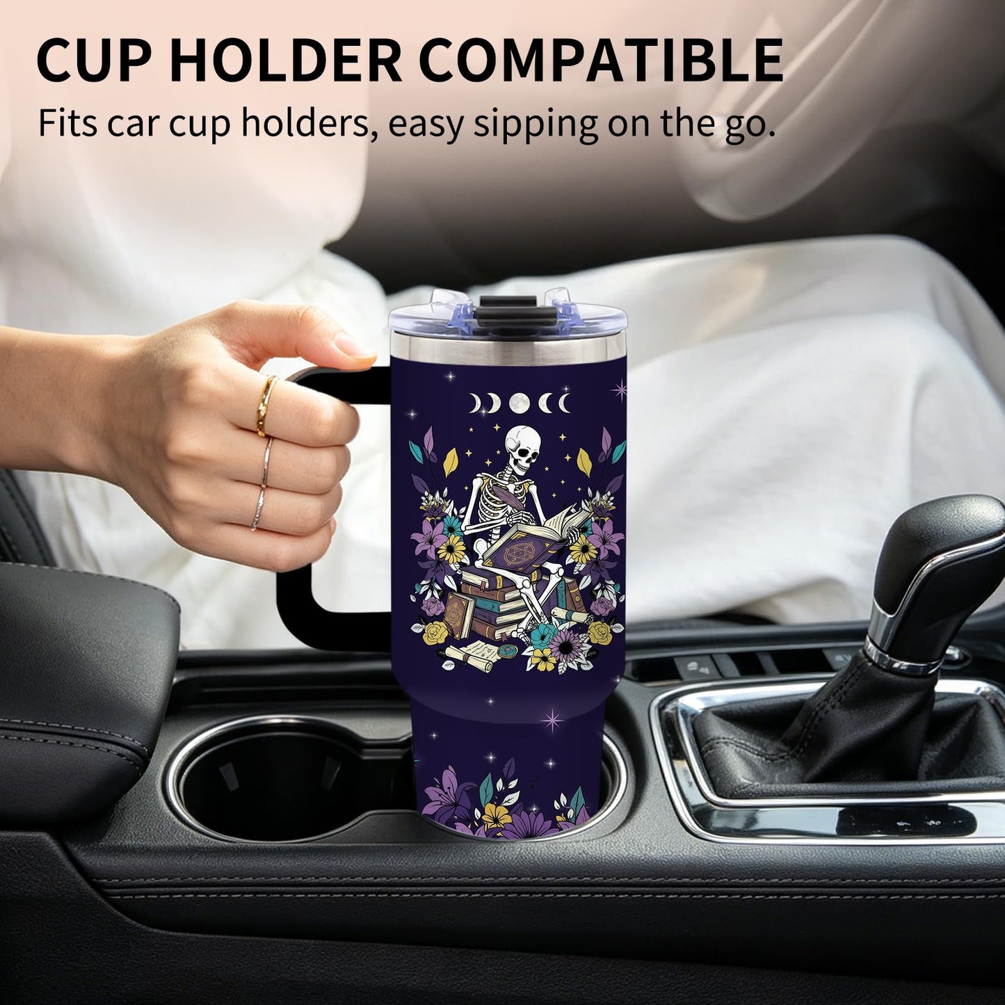 Book Lovers Gift for Women - Gothic Style Skeleton Reader 40 oz Tumbler with Handle and Straw, Stainless Steel Insulated Coffee Travel Cup for Women Men Reading Gifts Halloween Skull Birthday Gift