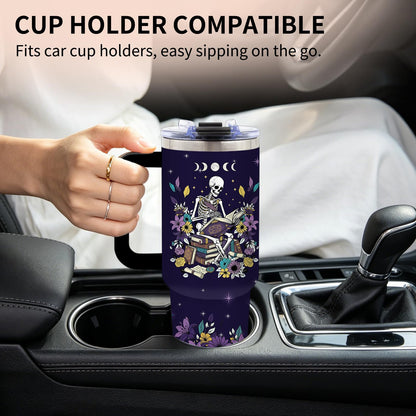 Book Lovers Gift for Women - Gothic Style Skeleton Reader 40 oz Tumbler with Handle and Straw, Stainless Steel Insulated Coffee Travel Cup for Women Men Reading Gifts Halloween Skull Birthday Gift
