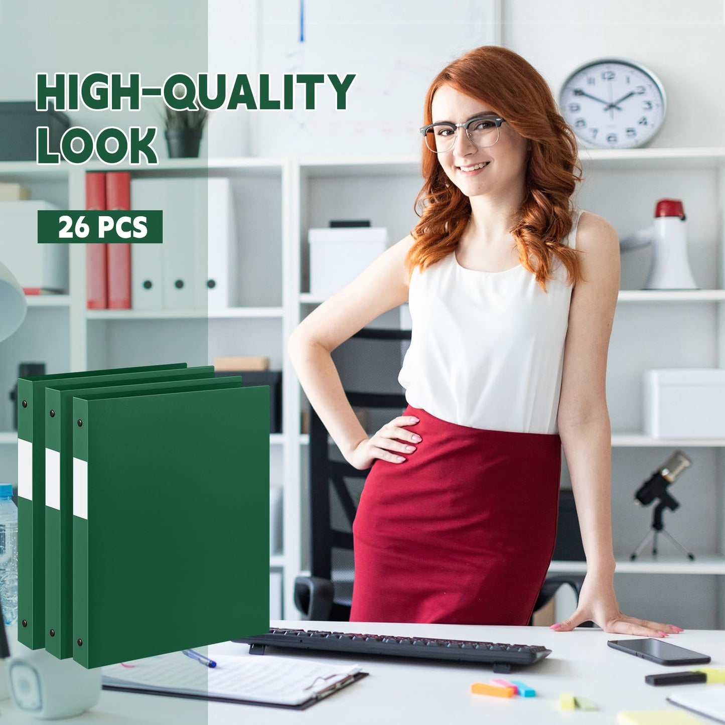 Henoyso 26 Pack 0.5 Inch Plastic 3 Ring Binder Round Ring, Bulk 1/2 Inch Flexible Binders Hold 140 Sheets Letter Size with Pocket, Document Organizer for Back to School Classroom Office (Dark Green)