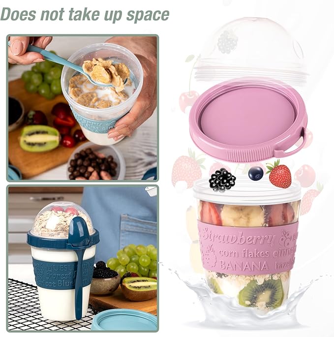 5 Pack On The Go Cereal Yogurt Cups with Lids and Spoon, Overnight Oats Container, Reusable Parfait Plastic Milk Jar Breakfast Crunch Granola Oatmeal Smoothie Snack Prep Bowl