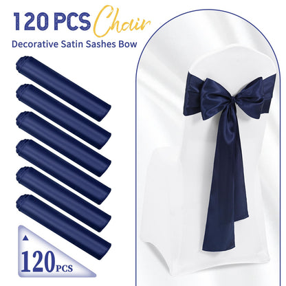 REWOMC 120 PCS Navy Blue Satin Chair Sashes, Ties Bows Designed Chairs Decorative, Chair Cover Sashes for Thanksgiving Wedding Christmas Banquet Party Home Kitchen Decoration (7 x 108 inch)