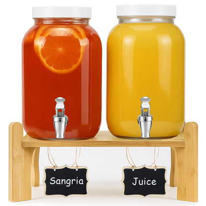 1 Gallon Large Glass Drink Dispensers with Stand for Parties, Glass Iced Beverage Dispensers with Spigot, Reusable Water Dispenser Countertop (2 Pack)