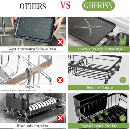 Dish Drainer Rack with Drip Tray, Sink Dish Drainer with Drainage Spout, Stainless Steel Dish Drying Rack with Cups, Utensil & Cutting Board Holders for Kitchen Counter Space-Saving, Black