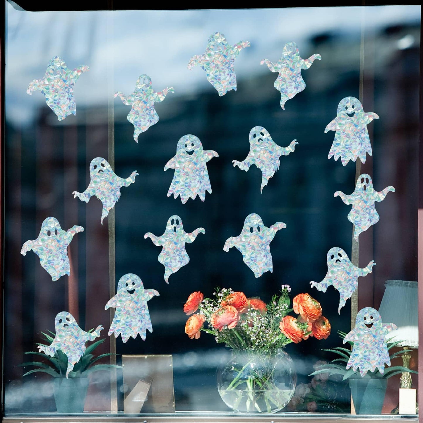 GORGECRAFT 16Pcs 4 Styles Halloween Window Clings Ghost Rainbow Window Decals Non-Adhesive Prism Windows Stickers Suncatcher Anti-Collision Cling to Save Birds from Door Collision Strike for Home