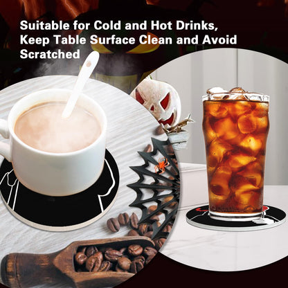 Pycat Halloween Horror Movie Characters Drink Coasters with Holder Set of 6, Bloody Black Absorbent Ceramic Cup Mat for Coffee Table Protection, 4 Inches Scary Home Kitchen Decor Housewarming Gifts