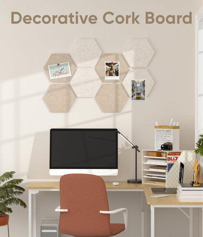 Toptople 12 Inch Large Hexagon Cork Board for Walls, 8 Pack Felt Bulletin Board Tiles, Pin Board with Push Pins for Office Photo and Note, Tan Mix