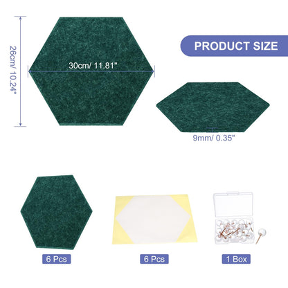 PATIKIL Felt Bulletin Board, 12"x10", 6 Packs Self Adhesive Hexagon Felt Tiles for Sound Proofing Wall Panels for Home Office Recording Studio,Game Room, Blackish Green