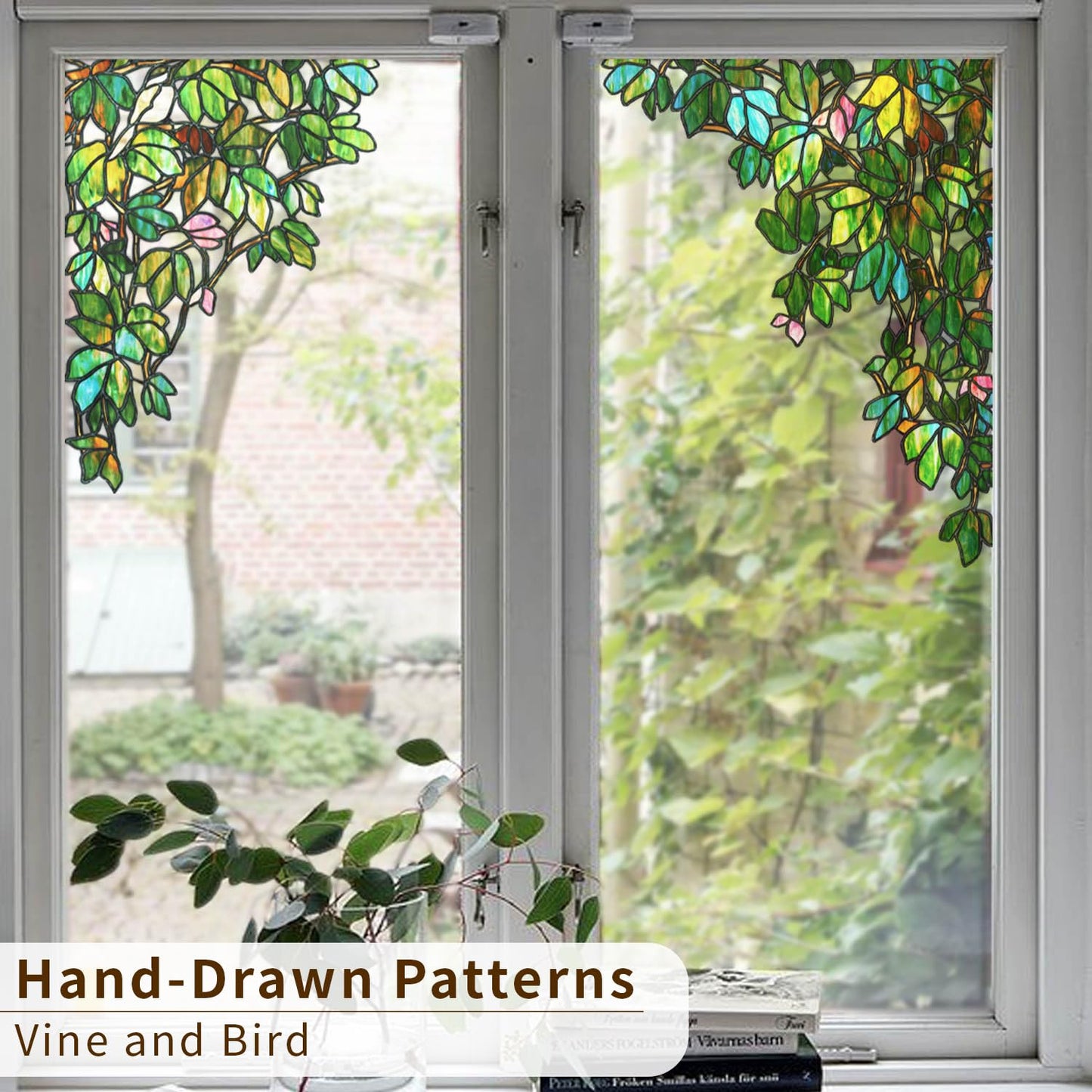 ChicSkin Original Hand Drawn Stained Glass Window Hanging Cling, Green Window Privacy Film Decorative Leaves Bird Cling, Green Vine Bird 15.75"X22.04"