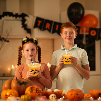 Whaline 60 Pcs 9 Oz Halloween Disposable Plastic Cups with Lids and Straws Black Evil Pumpkin Face Cold Beverage Drinking Cup for Trick or Treat Birthday Party Supplies