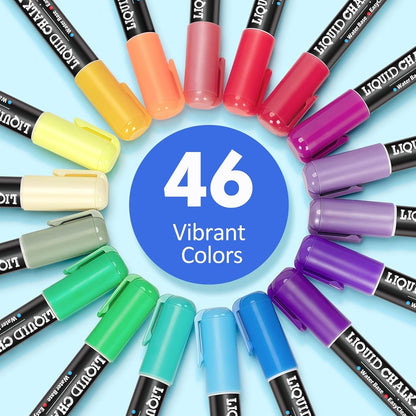 BainGesk 46 Colors Liquid Chalk Markers, Dust-Free Erasable Pens for Blackboards, Chalk Markers for Chalkboard, Windows, Glass, Mirror, Acrylic Dry Erase Board, 6mm Reversible Bullet & Chisel Tip