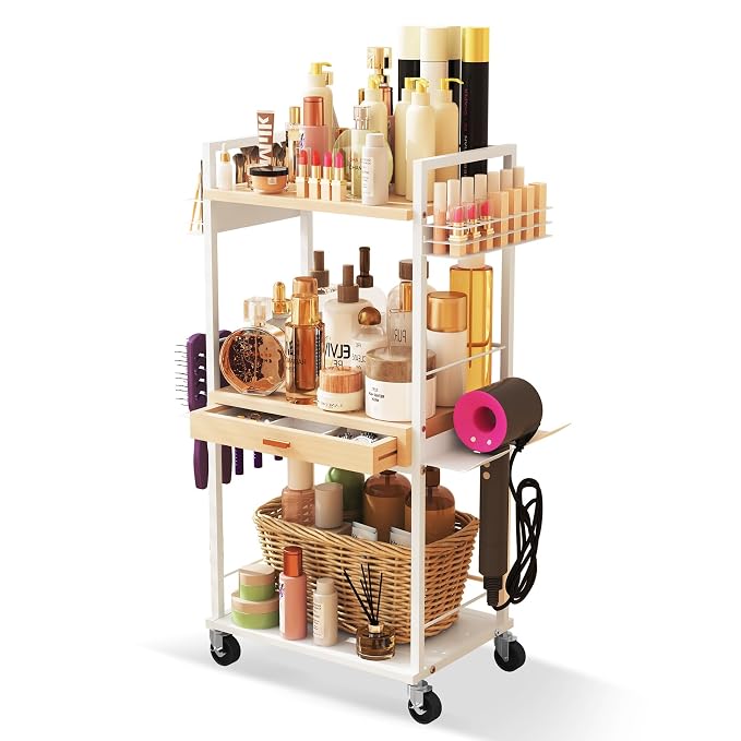 Xubialo 3 Tier Rolling Utility Cart with Wooden Drawer, Stable and Sturdy Made of Multifunctional Storage Organizer Tool for Kitchen, Bathroom, Makeup, Living Room, Baby Essentials, white