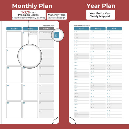 IN-LUXPRO Planner 2026-2027 Daily Weekly and Monthly,6.5"x3.75",18 Months Spiral Bound Calendar Agenda with Self-adhesive Pen Holder,2026 Academic Plan with Vegan Leather Soft Cover,Red
