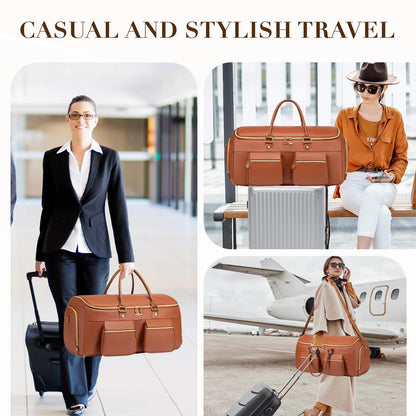 Suit Bag,Vessgra 56L Garment Bags for Travel,2 in 1 Leather Duffle Bags for Men Women, PU Leather Convertible Travel Bag with Shoe Compartment,Work Weekender Bussiness Wedding,Reddish Brown