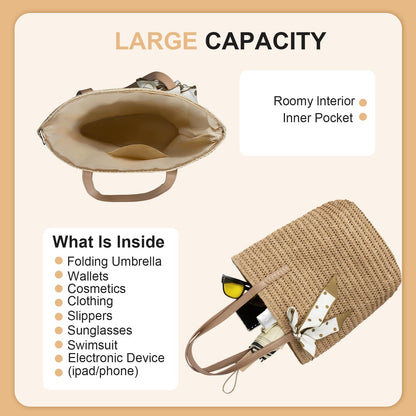Long Keeper Straw Tote Bag for Women Summer Straw Beach Bag with Zipper Woven Shoulder Tote Bags for Beach Picnic Vacation (Khaki)