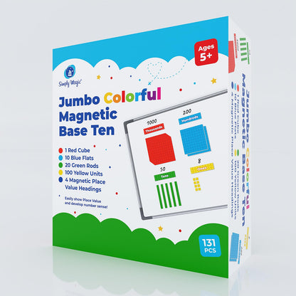 Simply magic 131+4 PCS Jumbo Colorful Magnetic Base Ten Blocks for Math + Headings - Place Value Manipulatives Magnets, Math Manipulatives, Base 10 Blocks, Counters for Kids, Classroom Must Haves