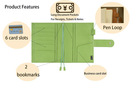 Genuine Leather A5 Notebook Cover Fits Hobonichi Cousin, Stalogy, LEUCHTTURM1917 and Midori MD Planners, with Pen Loop, Card Slots, Bookmarks and Back Pocket(Green)