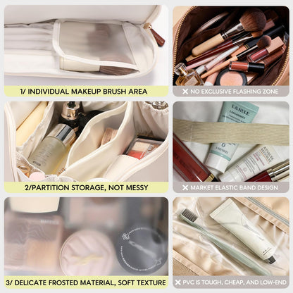GIVLEFLY Makeup Bag for Women, Large Cosmetic Bag, Travel Toiletry Bag, Waterproof Nylon Organizer with Microfiber Leather, Flat Open for Skincare & Brushes