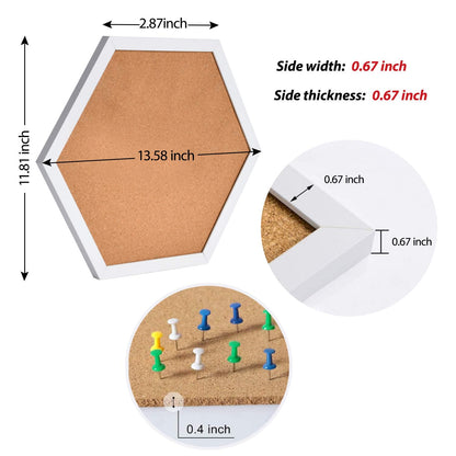 AkTop Cork Bulletin Board Hexagon 4 Pack, Small Framed Corkboard Tiles for Wall, Thick Decorative Display Boards for Home Office Decor, School Message Board with 16 Push Pin Wood Clips, White