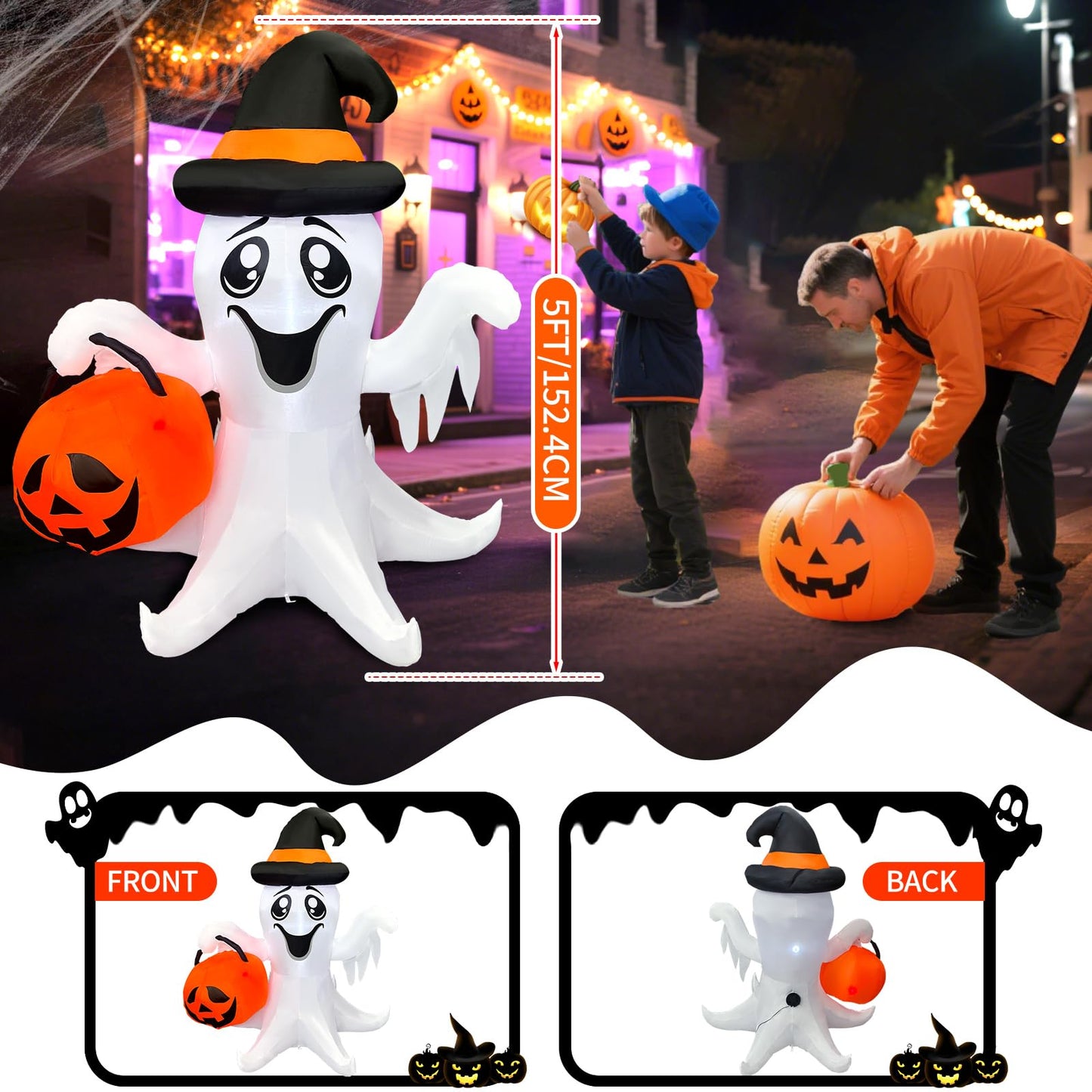 【2025 Latest Release】Halloween Inflatables Ghost Outdoor Decorations 5FT Ghost Pumpkin Inflatable with Build-in 2 LED Ghost Blow Up Yard Decoration Cute Ghost Blowup Decor for Party Garden Lawn